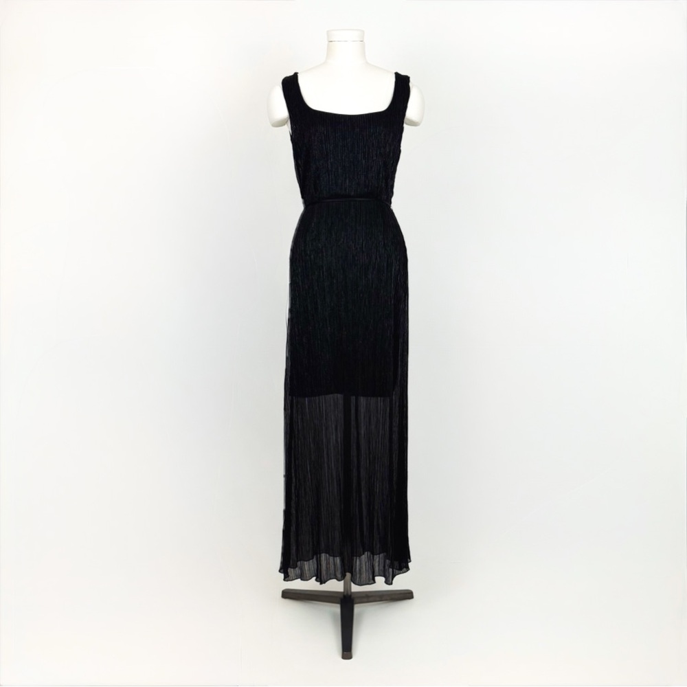Vintage 90’s Pleated Metallic Sheer Layered Maxi Dress in Black | Size S